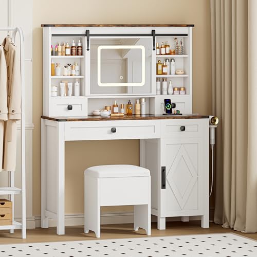 IRONCK Farmhouse Vanity Desk with Sliding Mirror & Lights, Glass Top, 4 Drawers & Stool F993