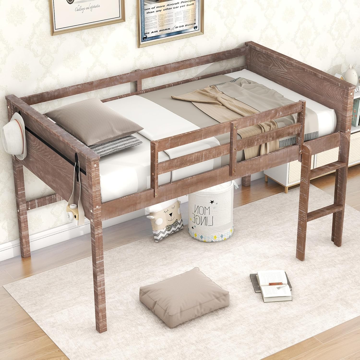 Harper & Bright Designs Twin Size Low Loft Bed for Kids with Storage and Hanging Rack G659488
