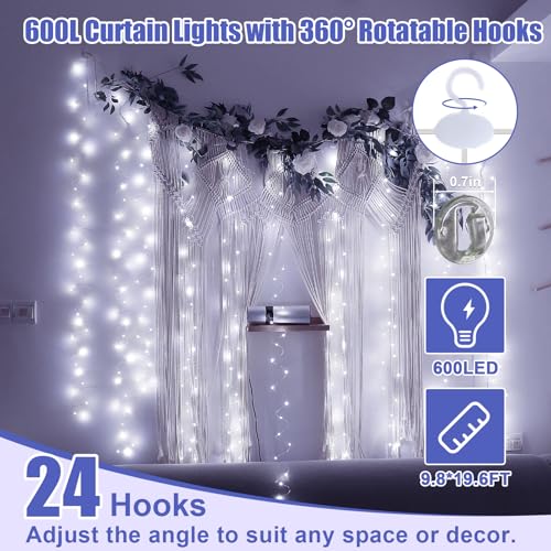 600LED Curtain Lights for Bedroom, Warm White, 8 Modes Y367582