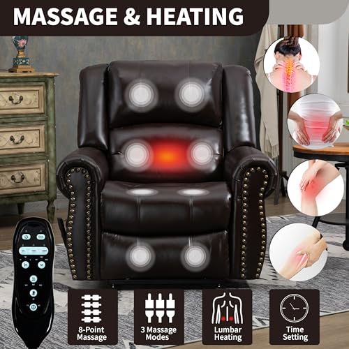 Dual Motor Power Lift Recliner Chair with Massage and Heat, Faux Leather, Brown V8458
