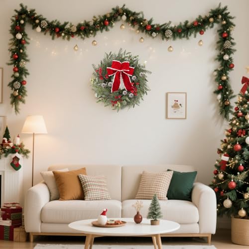 24 Inch Christmas Wreath with Red Ribbon and Pine Cones for Front Door D30392