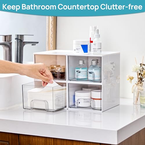 Vtopmart 4 Pack Clear Stackable Storage Drawers for Bathroom Makeup Organizer D5159