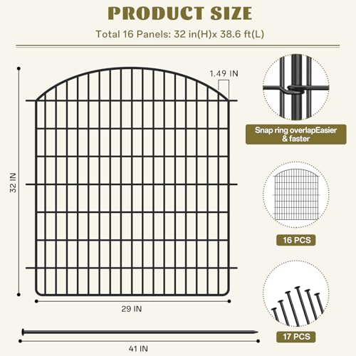 16 Panels No Dig Garden Fence with Gate, 32in x 38.6ft Rustproof Metal U7686