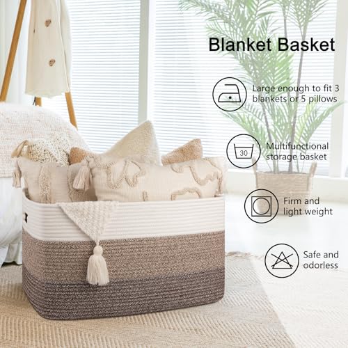 OIAHOMY Large Rectangle Woven Blanket Basket with Handle, Gradient Blue B58762