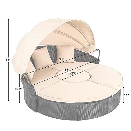 YITAHOME Outdoor Patio Wicker Daybed with Retractable Canopy, Light Brown and Beige N7296