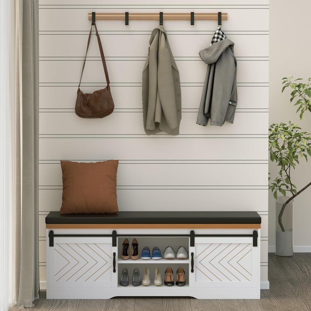 Farmhouse Shoe Storage Bench with Padded Seat and Barn Doors F4988