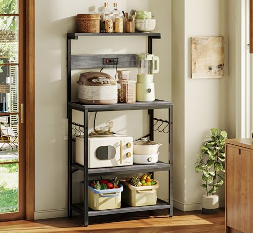 SUPERJARE Kitchen Bakers Rack with Power Outlet, Coffee Bar Table, Rustic Brown W637