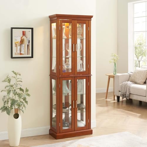 Curio Cabinet Lighted with Adjustable Shelves, Wooden Display Case, Cherry O913