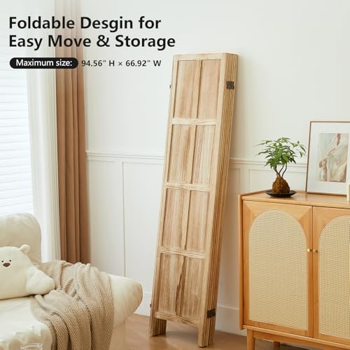 Wood Room Divider 4 Panel, 5.6 FT Tall Folding Privacy Screen, Retro White K4688