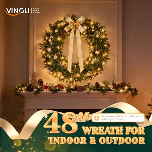 VINGLI 48 Inch Pre-lit Artificial Christmas Wreath with 150 LED Lights T885
