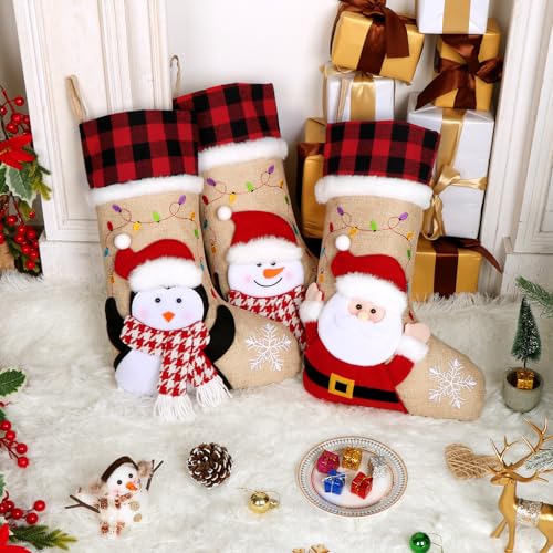 DEMIUKO 3PCS Christmas Stockings with Name Tags Snowman Santa Penguin F6894