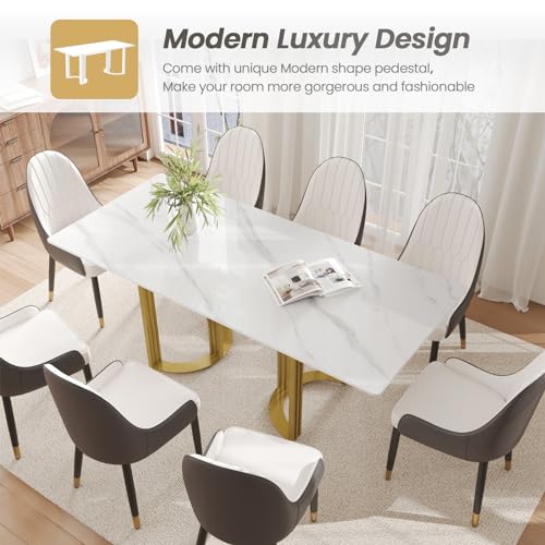 Modern Rectangle Marble Dining Table 63" White with Gold Trestle Pedestal J573458
