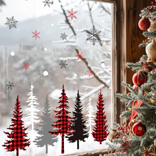 Whaline 9 Sheet Christmas Window Clings Snowy Forest Trees Reusable Window Decals H27510