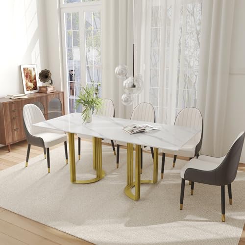 Modern Rectangle Marble Dining Table,63" White Marble Sintered Stone Top Dining Table with Gold Trestle Pedestal,Faux Marble Kitchen Dinner Table for Dining Room/Living Room/Office (Table Only)