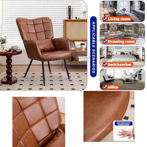 Modern Accent Chair with High Back, Leather Upholstered, Metal Legs - Brown T343