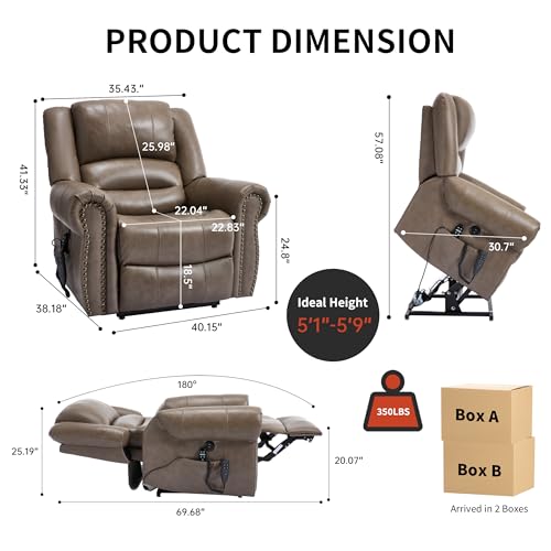 Dual Motor Power Lift Recliner Chair with Massage and Heat, Faux Leather, Brown V8458