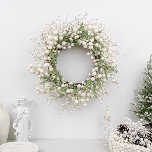 20 Inch White Christmas Wreath with White Berry Fir Pine Needle F528