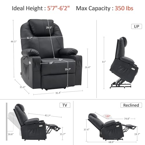MCombo Power Lift Recliner Chair for Elderly with Heat and Massage, Faux Leather, Black V60394