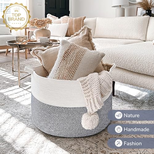 INDRESSME Large Cotton Rope Storage Basket with Handles, 90L Grey R37552