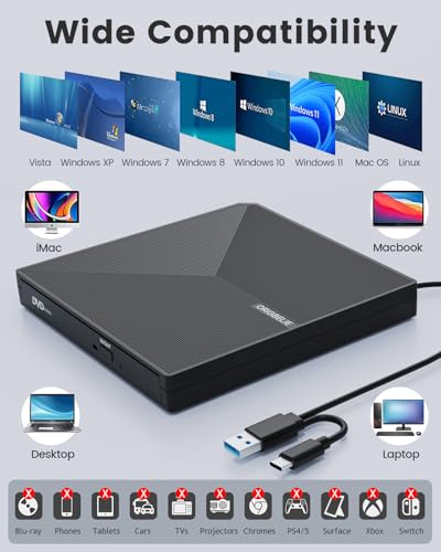 External CD DVD Drive for Laptop, USB 3.0 Type-C, Slim Portable Burner T70166