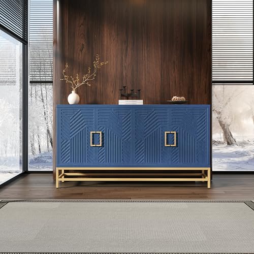 59.8" Retro Style Accent Storage Cabinet with 4 Doors and Rectangular Metal Handles and Legs, Wooden Buffet Sideboard Adjustable Shelves for Kitchen, Living Room and Dining Room (Navy)