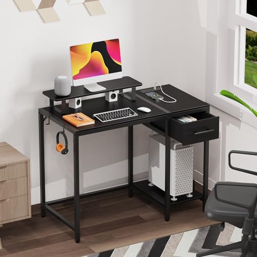 55 inch Computer Desk with Drawers, Power Outlet and LED Light, Rustic Brown K308484