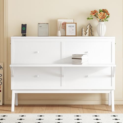 KEIKI Queen Size Murphy Bed with Charging Station and Drawer, Walnut B45816