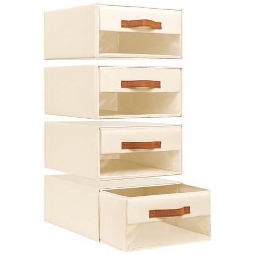 DIMJ Closet Organizers and Storage - Fabric Bins with Drawers for Closet Foldable Clothes Organizers with Clear Window, Stackable Storage Drawers Units for Bedroom, Living Room, 4-Pack, Grey