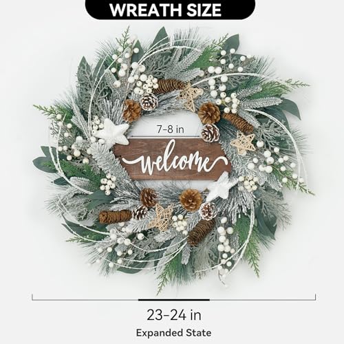 Pinkpuii 24 Inch Artificial Christmas Wreath with Pinecones and Welcome Sign for Front Door H758994