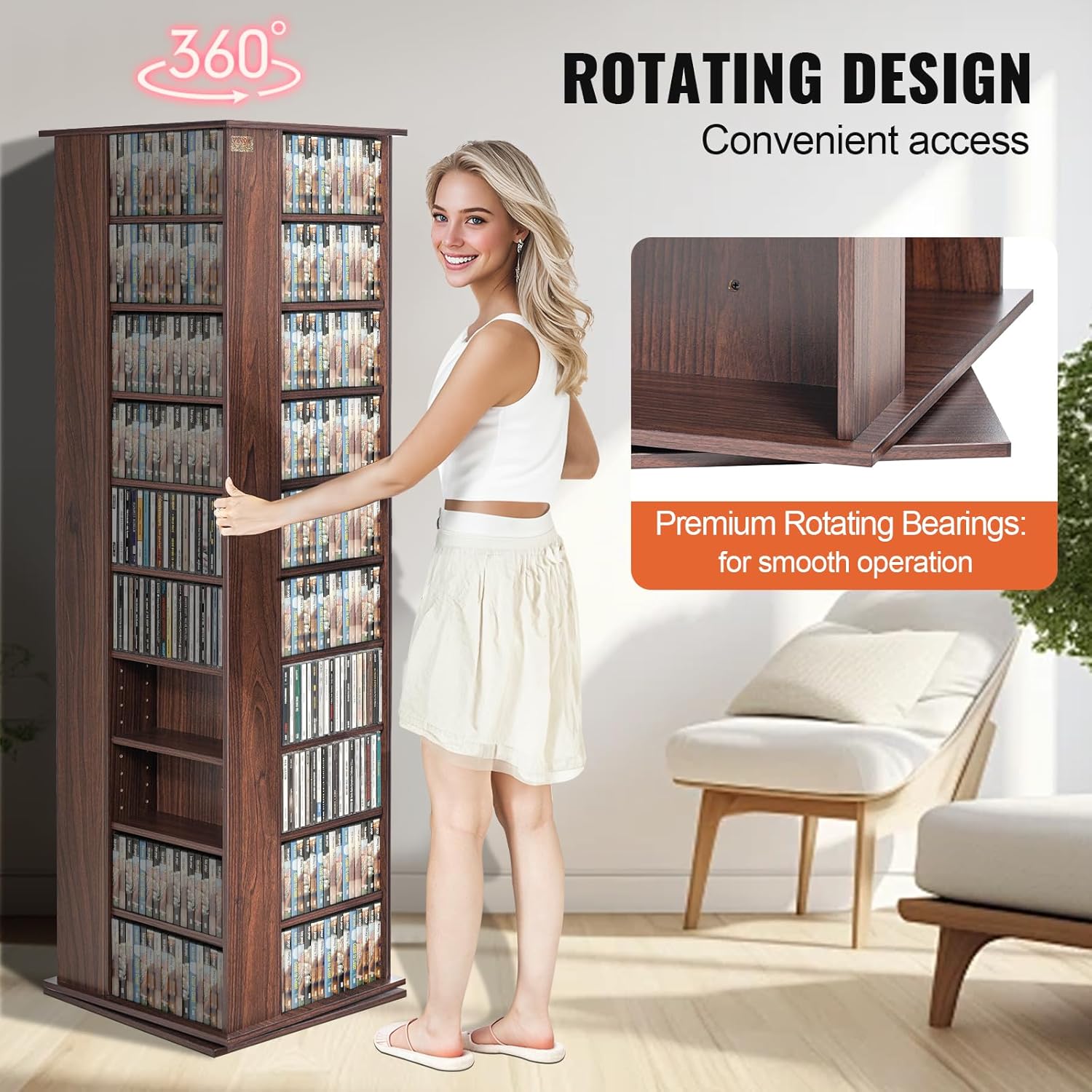VEVOR Media Storage Cabinet Rotating Media Tower Holds 1040 CDs Espresso L606496