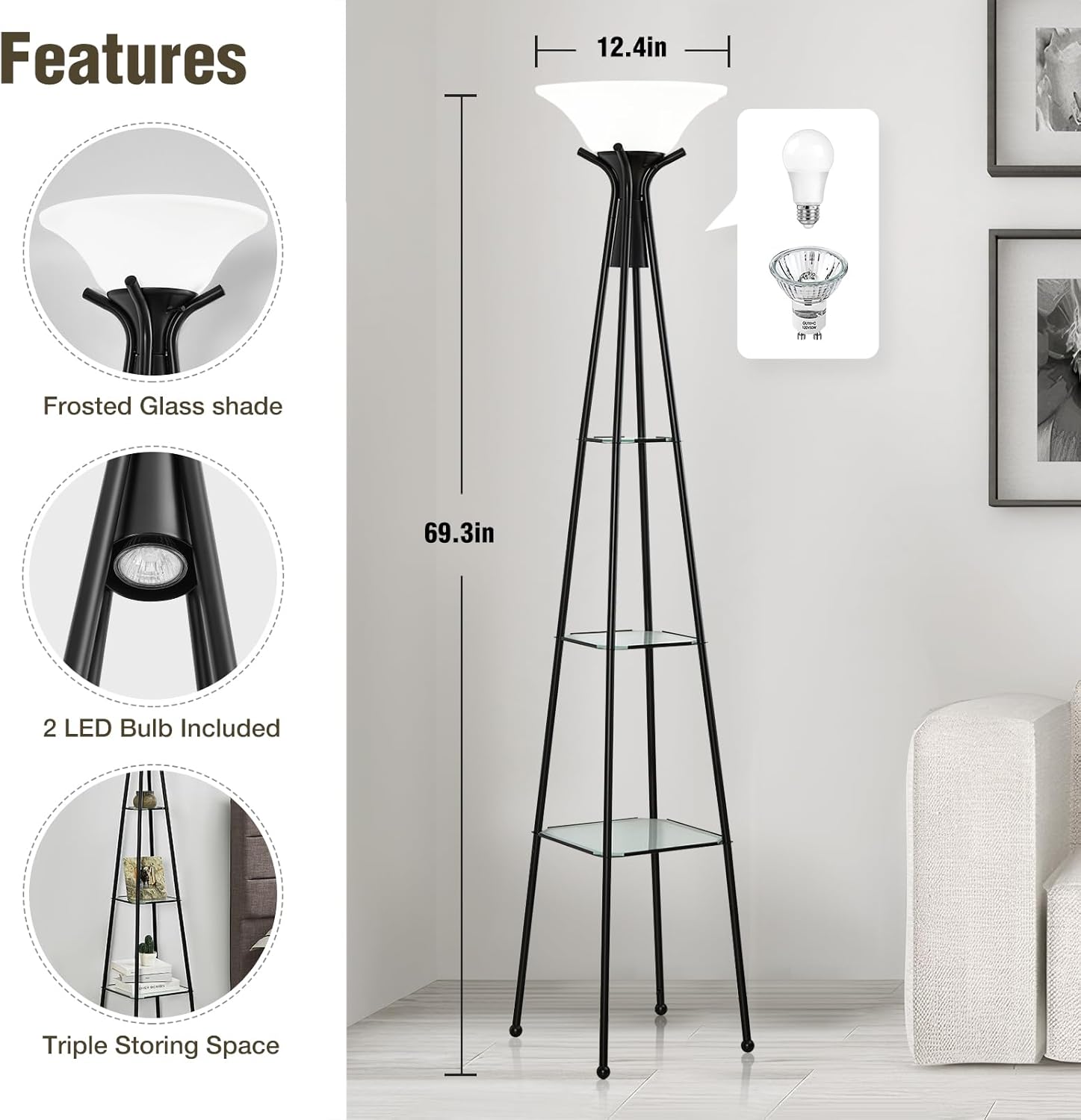 Luvkczc Floor Lamp with Shelves, 69" Tall, 3-Tier Glass Shelves, Black Y511