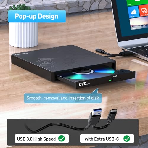 External CD DVD Drive for Laptop, USB 3.0 Type-C, Slim Portable Burner T70166