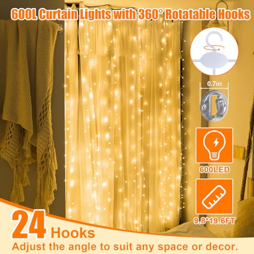 600LED Curtain Lights for Bedroom, Warm White, 8 Modes Y367582