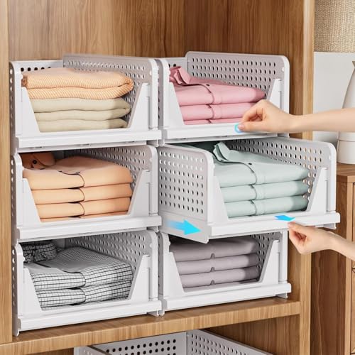 SNSLXH 5 Pack Stackable Closet Storage Basket, Foldable Closet Organizer, White W8950
