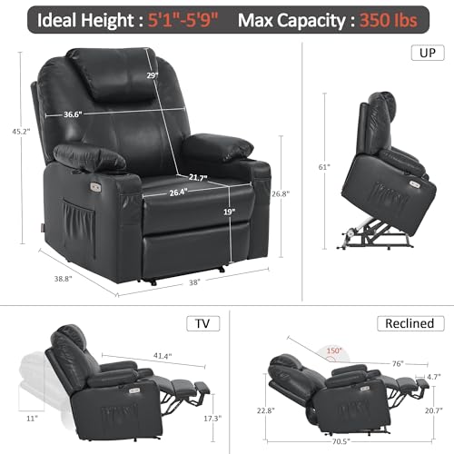 MCombo Power Lift Recliner Chair for Elderly with Heat and Massage, Faux Leather, Black V60394