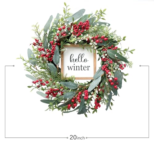 TEMPUS Christmas Wreath 20" Red Berries with Hello Winter Sign C803