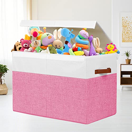 Large Toy Storage Box with Lid and Dividers for Kids, Beige and White X95078
