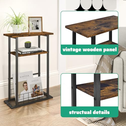 Rustic Brown 3-Tier Narrow Side Table with Magazine Holder I9606
