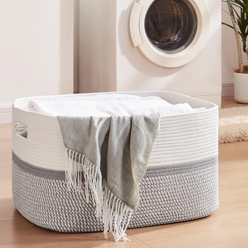 OIAHOMY Large Rectangle Woven Blanket Basket with Handle, Gradient Blue B58762