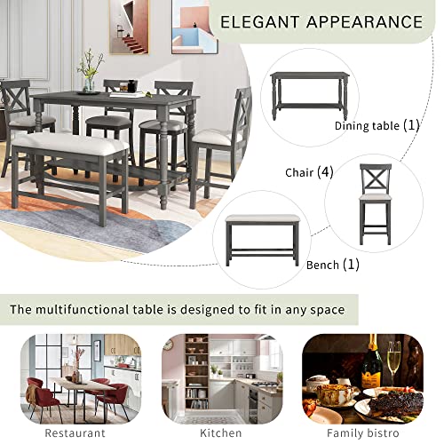 UBGO 6-Piece Counter Height Dining Table with Shelf, 4 Chairs and Bench, Gray C357
