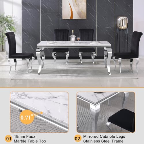 White Marble Dining Table Set for 6 with Grey Velvet Chairs K4531