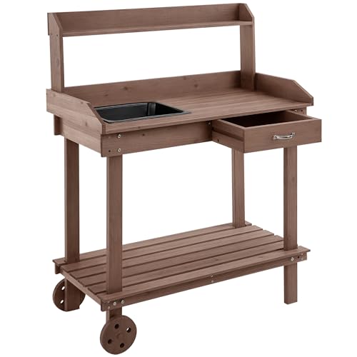 Outsunny 36" Wooden Potting Bench Work Table with 2 Removable Wheels, Garden Workstation with Removable Sink, Drawer & Large Storage Spaces, Brown