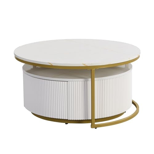 Round Nesting Coffee Table Set of 2 with Drawers, Gold Frame M124578