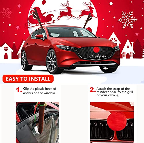 Car Reindeer Antlers Decoration Kit with Jingle Bells, Red Nose and Tail for Cars L3821