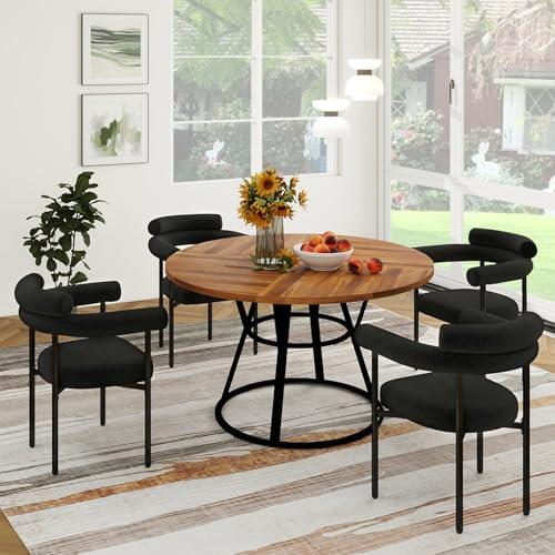 STHOUYN 47" Round Dining Table Set for 4 with 4 Boucle Chairs, Black D1536