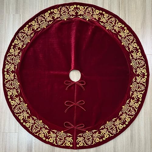 Burgundy Victorian Velvet Christmas Tree Skirt with Gold Damask Embroidery Q6345