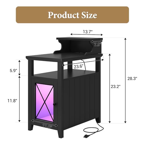 Itaar Farmhouse End Table with Charging Station and LED Lights, Black V906926