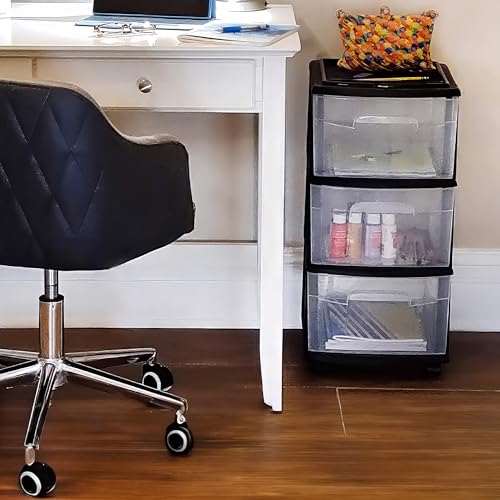 HOMZ 3-Tier Clear Plastic Storage Organizer Cart with Wheels, Black Frame M4715