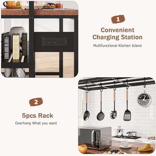 Kitchen Island with Storage, Bakers Rack with Power Outlet, 3 Tier Microwave Stand, Coffee Bar Table I24443