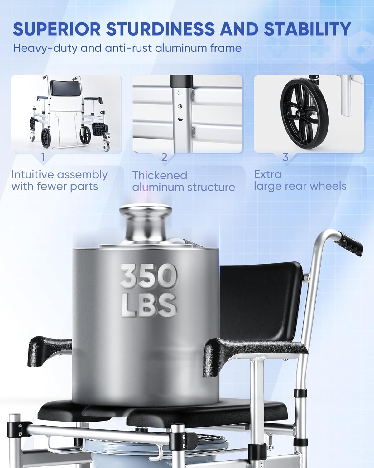 Hybodies Foldable Aluminum Shower Chair with Wheels, 3 in 1 Transport & Commode W280541